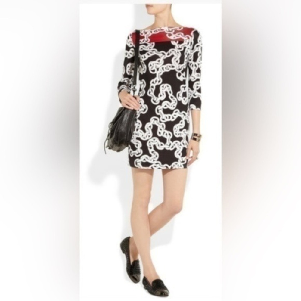 NWOT Diane Von Furstenberg 0 Ruri Red Black Chain Link Silk Jersey Dress XXS DVF